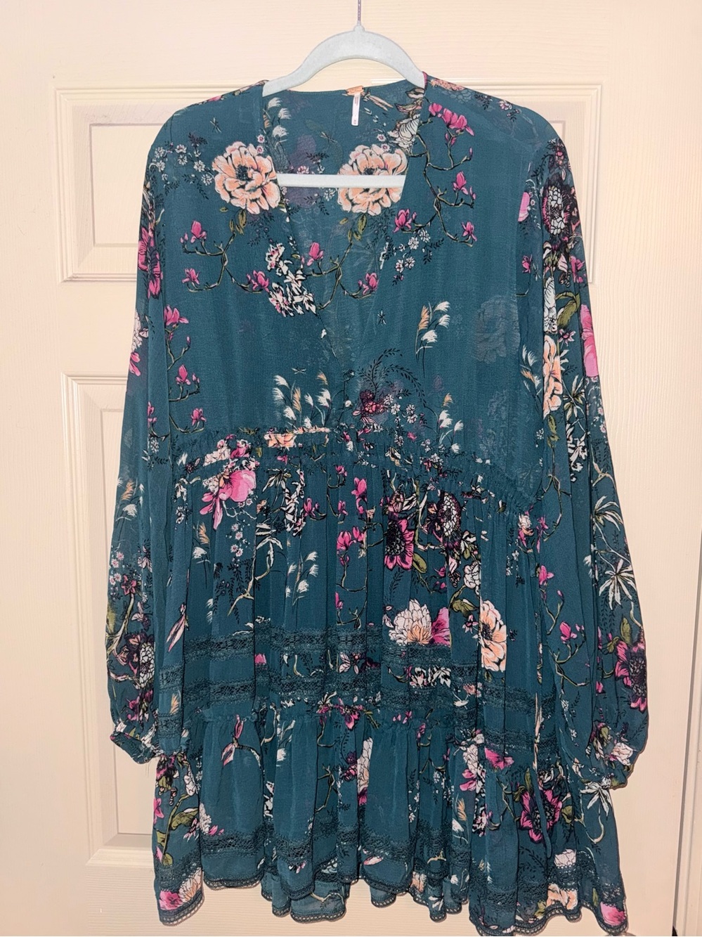 Free People Teal Floral Long Sleeve Tiered Mini Dress Size M💙